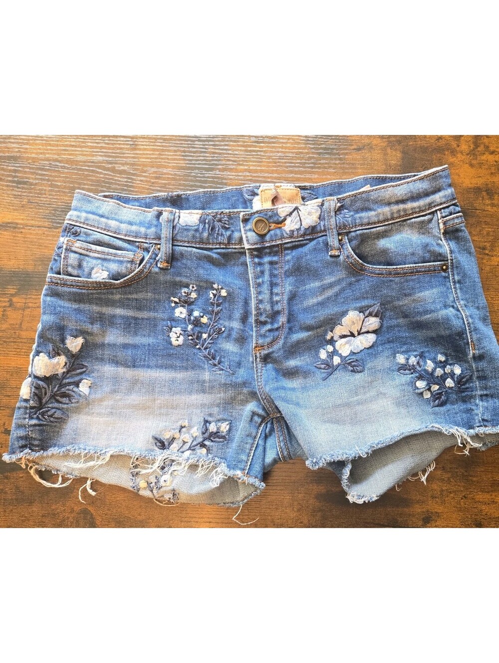 Driftwood Embroidered Floral Jeans Raw Hem Boho Sz 28 Connie Short
